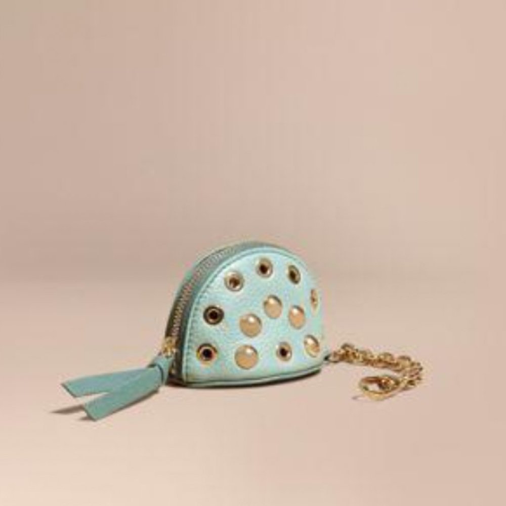 BURBERRY Leather Studs Poppy Coin Case in Celadon Blue